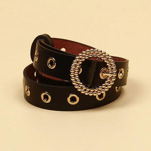 Punk black leather waist belt with gold eyelets and round pin buckle for dresses