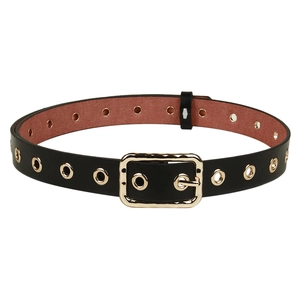 Slim black PU leather belt with gold metal eyelets and a textured rectangular pin buckle