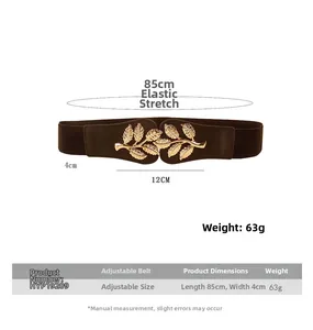 Detailed view of elastic brown waist belt with 85cm length and 4cm width measurements