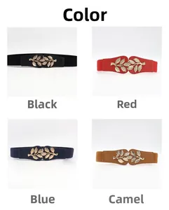 Collage of elastic waist belts with golden leaf buckles in black, red, blue, and camel
