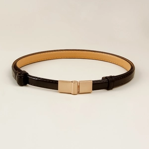 Minimalist black skinny leather belt with polished gold rectangular buckle for women