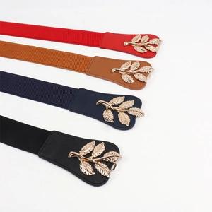 Close-up of elastic leaf waist belts in red, brown, navy, and black with golden buckles