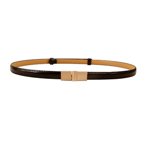 Minimalist black patent leather skinny belt for women with gold rectangular metal buckle
