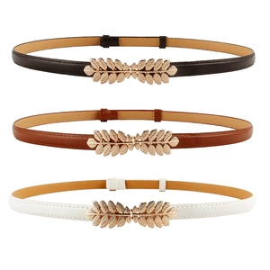 Three-piece women's skinny leather belt set in black, brown, and white with gold leaf buckle