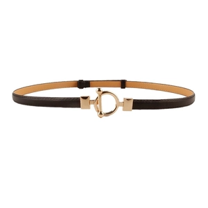 Slim black leather belt for women with elegant gold T-bar buckle for dresses