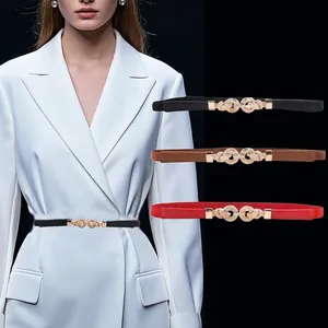 Women Skinny Elastic Waist Belt Thin PU Leather Fashion Dress Belt With Twist Knot Alloy Buckle Stretch Decorative Waistband
