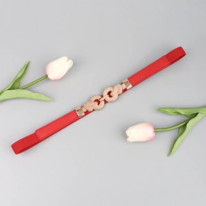 Red elastic skinny belt for women with elegant gold chain link buckle and tulips