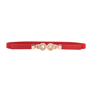 Elastic red skinny waist belt for women with golden twist buckle and textured metal finish