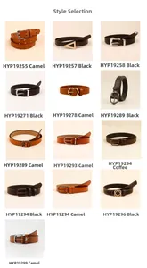 Detail view of thin leather belts for women with round and geometric gold metal buckles