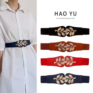Women Elastic Waist Belt Gold Leaf Buckle Vintage Decorative Corset Band For Dress Retro Stretch Cinch Waistband High Elasticity