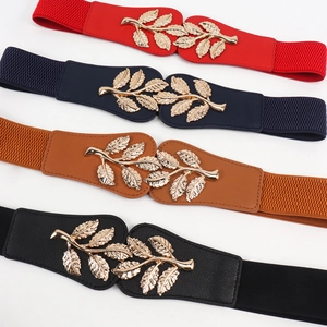 Elastic waist belt for women with gold leaf buckle in red navy tan and black colors