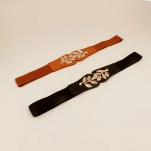 Elastic wide belt with golden leaf metal buckle in black and brown colors