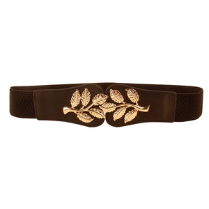 Women's dark brown elastic wide waist belt with vintage gold leaf metal buckle clasp