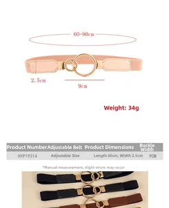 Size guide for black elastic waist belt with gold ring buckle for summer dresses
