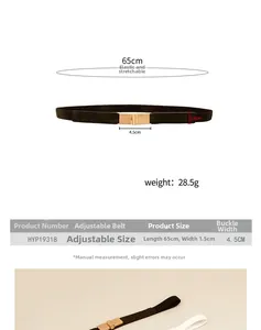 Detailed size chart for adjustable elastic women's belts with golden metal buckle