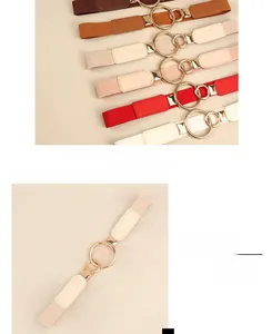 Close-up of elastic waist belt with gold interlocking buckle in multiple fashion colors