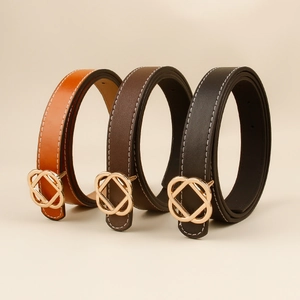 Classic thin leather belts for women with gold geometric ring buckles in three colors