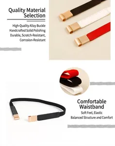 Detail view of elastic waist belts in black, white, and red with gold alloy buckles