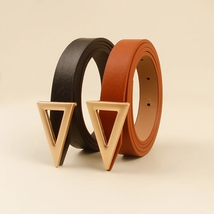 Classic black and brown leather belts with gold triangular buckle for women stylish waist belts