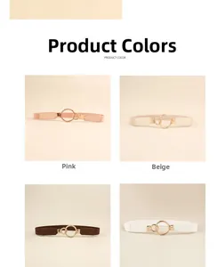 Detail view of elastic waist belts for dresses featuring gold circular metal buckles in four colors