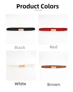 Detailed grid of slim elastic belts with gold square buckles in black, red, white, and brown