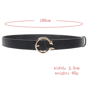 Detail of 2.5cm wide black leather belt with golden fox shaped metal buckle for women