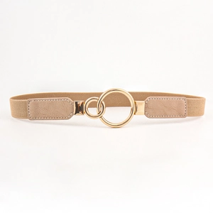 Detail of khaki elastic belt featuring golden double ring buckle and leather stitching