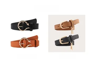 Detailed comparison of thin black and brown belts with gold horse head and lock buckles