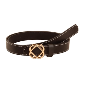 Classic black leather belt for women with golden geometric buckle and white stitching