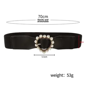 Detail view showing 70cm length and 4cm width of black elastic belt with pearl heart buckle