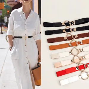 Women Elastic Waist Belt Fashion Slim Double Ring Buckle Waistband For Dress Solid Color Stretchy Accessory Elegant Ladies Cinch Belt