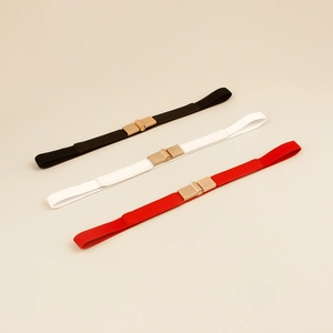 Three-color elastic waist belts with golden square buckles for women in black, white, and red