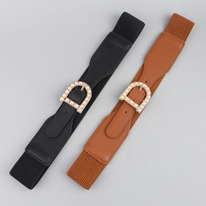 Elastic waist belts in black and brown featuring gold D-buckles and pearl accents