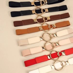 Women's elastic waist belts with round gold metal buckles in seven assorted colors