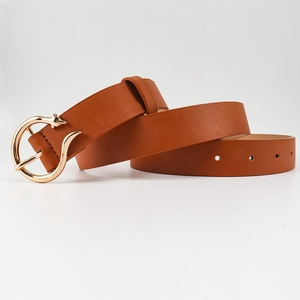 Classic brown leather belt with gold round buckle for women's jeans and dresses
