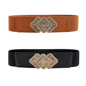Vintage Women Wide Elastic Waist Belt Bohemian Carved Gold Alloy Buckle PU Leather Cinch Belt For Dresses Elegant Waistband