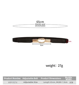 Size chart showing thin elastic black waist belt with gold buckle and detailed measurements