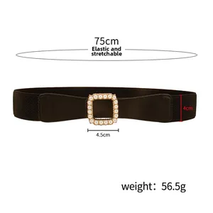 Detail view of black elastic waist belt featuring a square pearl buckle with dimensions