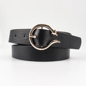 Classic black leather belt for women with elegant golden fox-shaped metal buckle