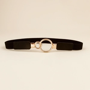 Close-up of black elastic waist belt for women with elegant golden double ring buckle