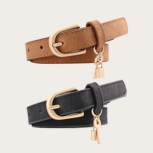 Classic slim faux leather belt with fox-style gold buckle and lock charm for women