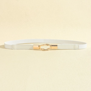 Detail of white elastic waist belt featuring a polished gold double-ring metal buckle