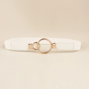 Close-up of a white elastic belt with gold double-ring buckle and faux leather finish