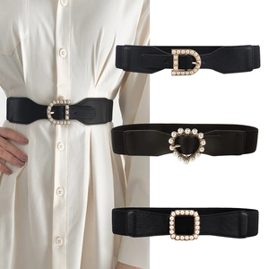 Women Corset Belt PU Leather Alloy Elastic Stretchy Slimming Waist Seal Heart D-Shaped Square Faux Artificial Pearl Buckle