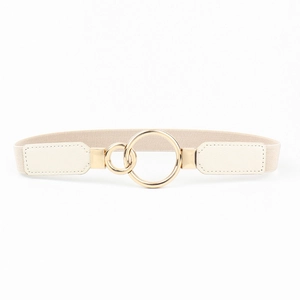 Detail of beige elastic waist belt featuring a polished gold double ring metal buckle