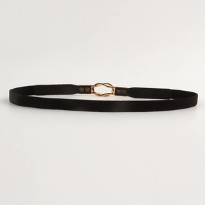 Detail of black elastic belt with interlocking gold metal double ring buckle