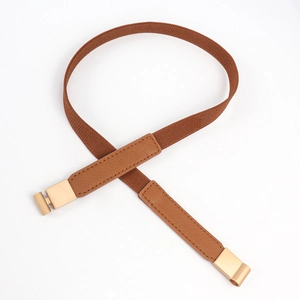 Women's slim elastic stretch waist belt with brown braided strap and gold square buckle