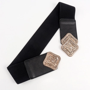 Vintage medieval style wide elastic waist belt with bronze geometric buckle for dresses
