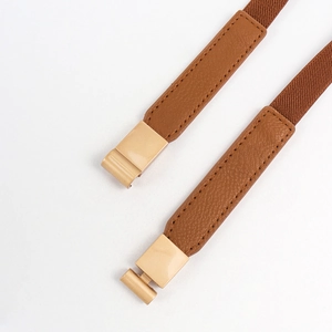 Detailed macro view of brown elastic belt with golden square buckle and lychee leather texture