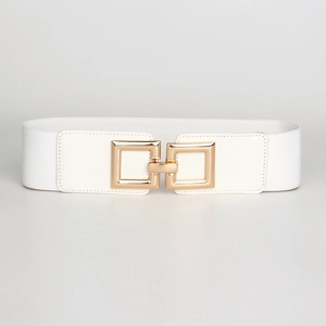Close-up of white elastic waist belt featuring interlocking light gold square metal buckles